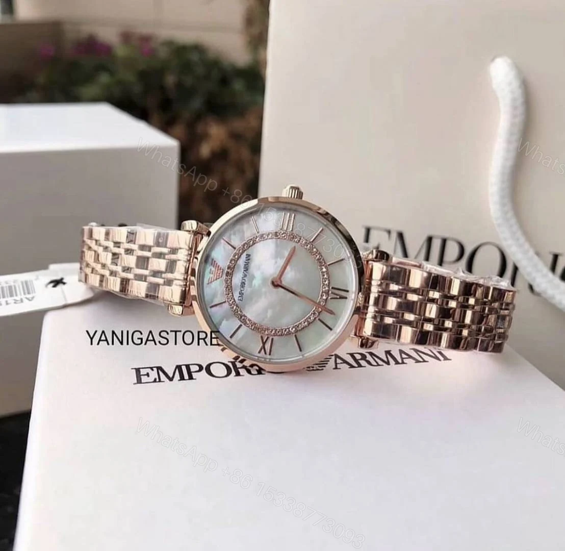 View 2 of First Copy Emporio Armani Rose Gold White Dial Roman Marker Diamond Bezel Women’s Analog Watch