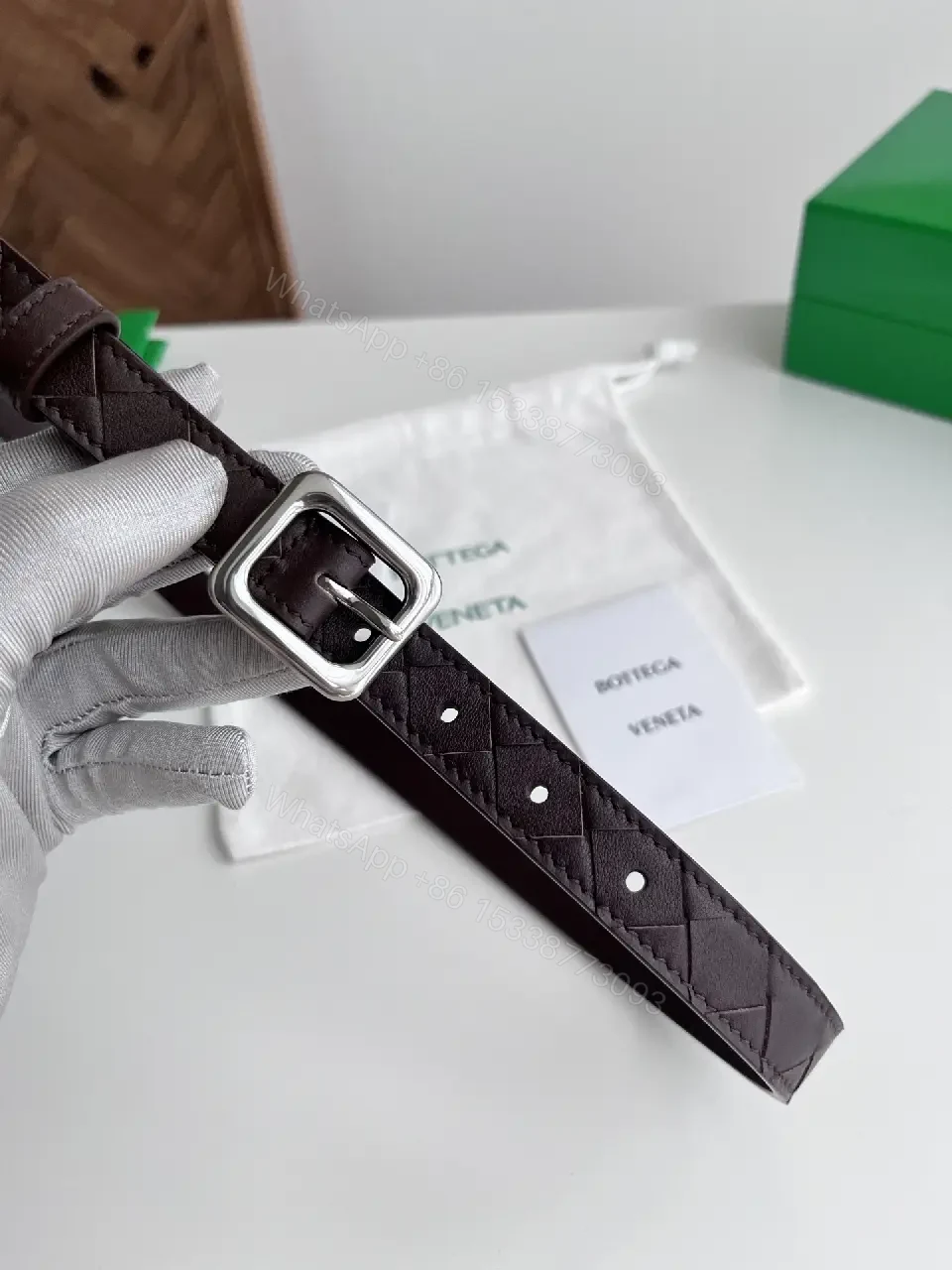 View 6 of Diamond-Quilted Leather Belt with Silver Buckle