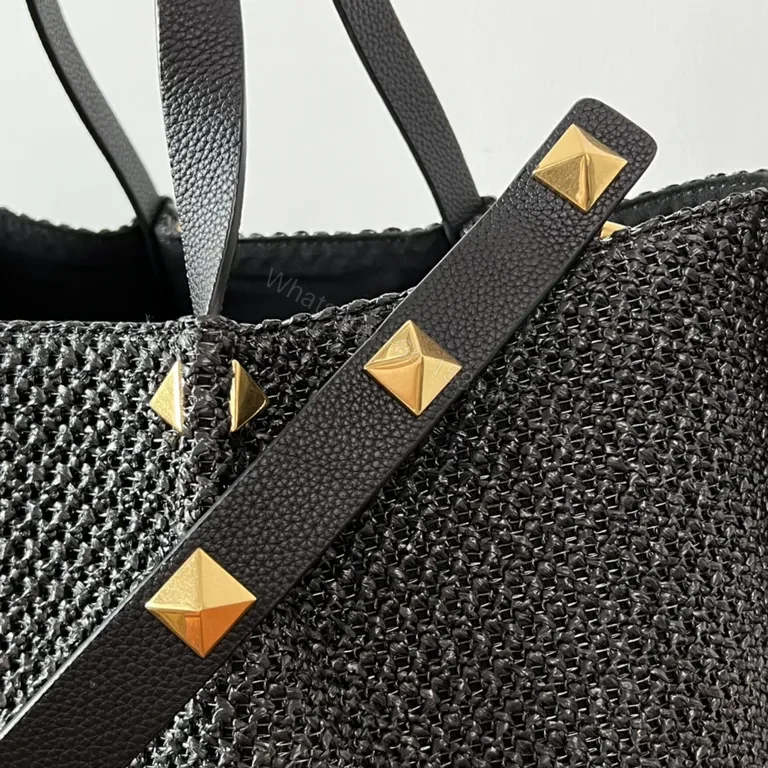 View 7 of Black Woven Luxe Handbag: Compact, Gold-Accent Style Bag