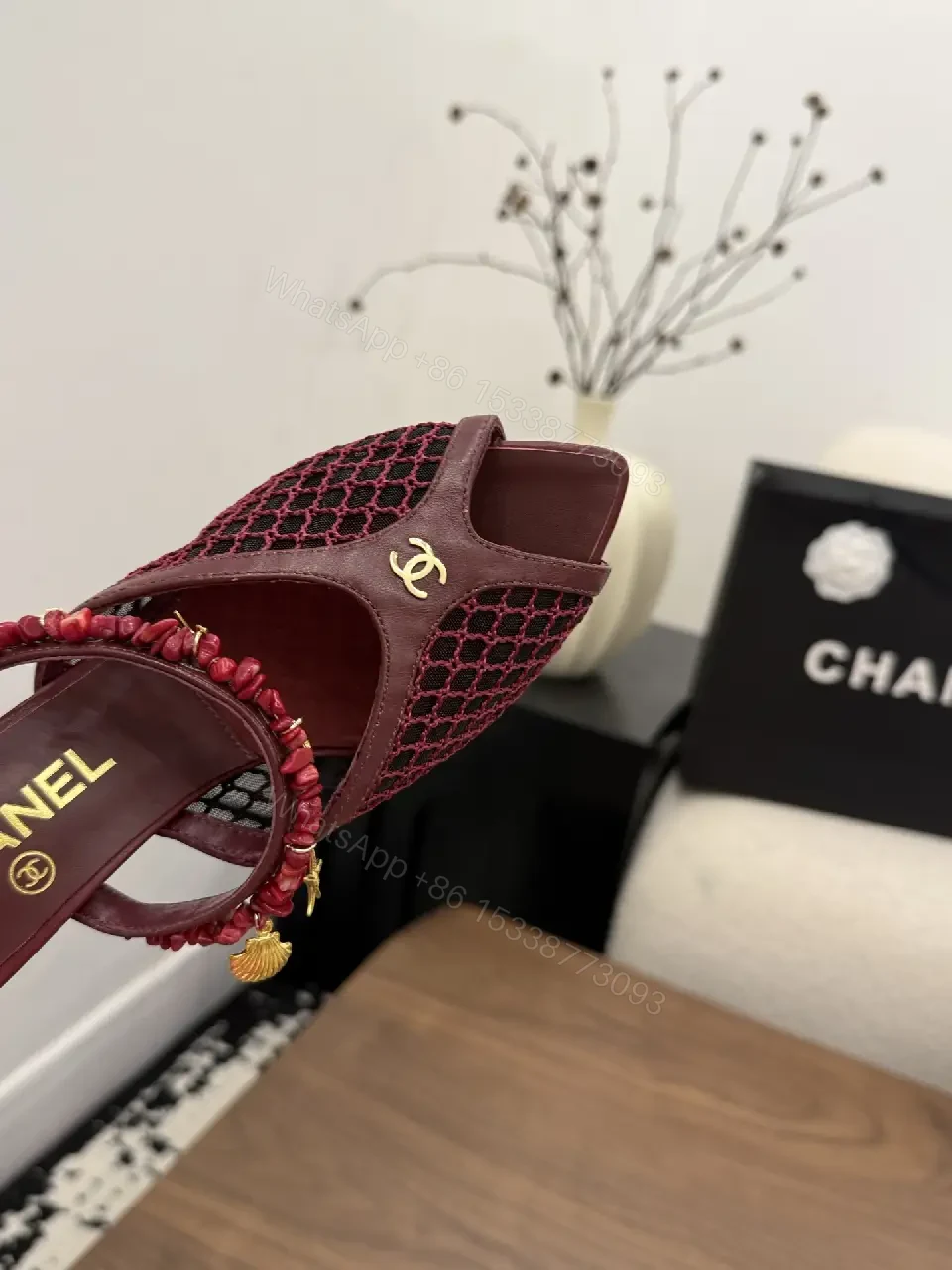 View 10 of Pink Leather Mesh Heeled Mules with Embellished Strap Product Type: Heels