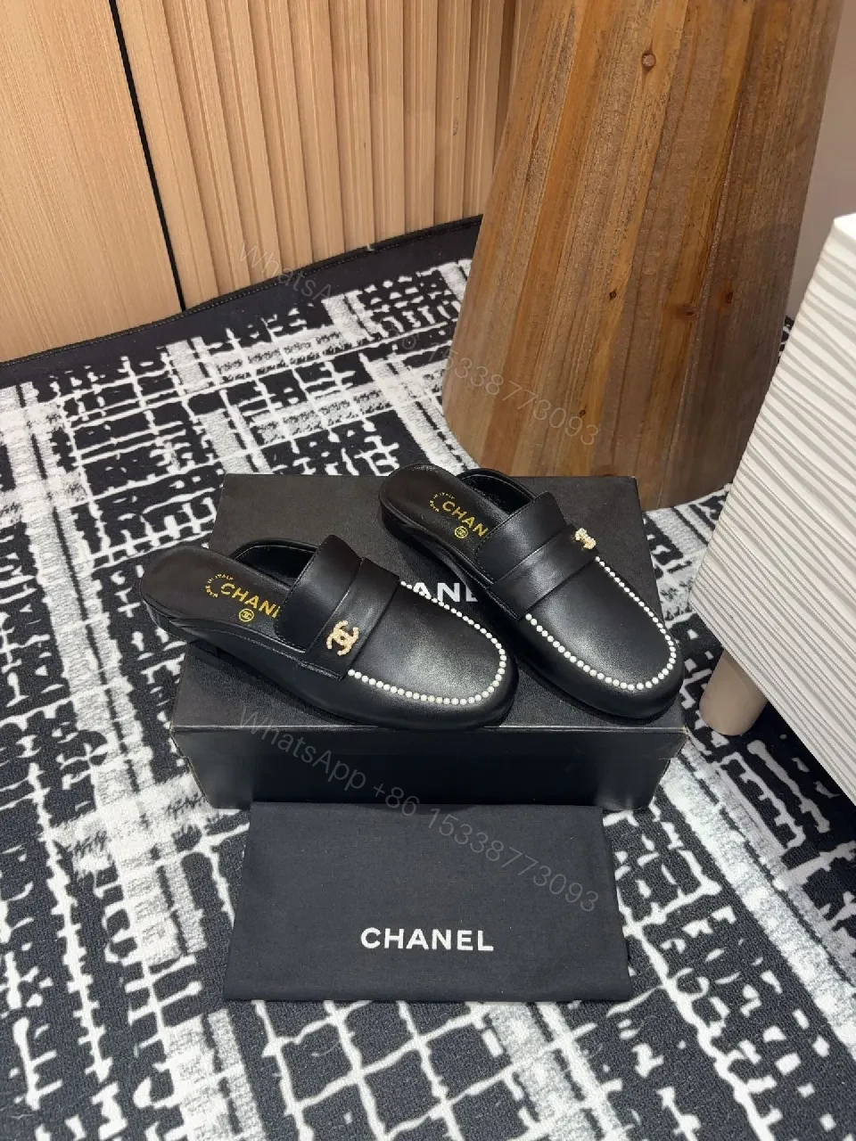 View 2 of Pearl-Trim Leather Mules – Black, Gold Hardware, Luxury Style