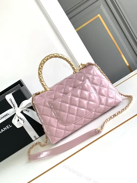 View 4 of Soft-Gloss Quilted Pink Handbag with Gold Chain Top Handle