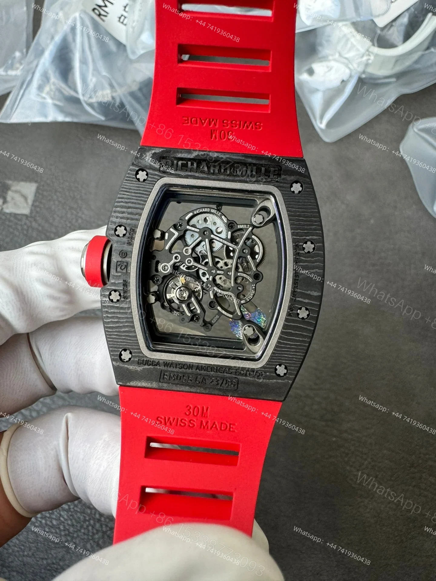 View 9 of Super Clone Richard Mille RM 055 Carbon TPT Red Rubber Strap 1:1 Replica Watch
