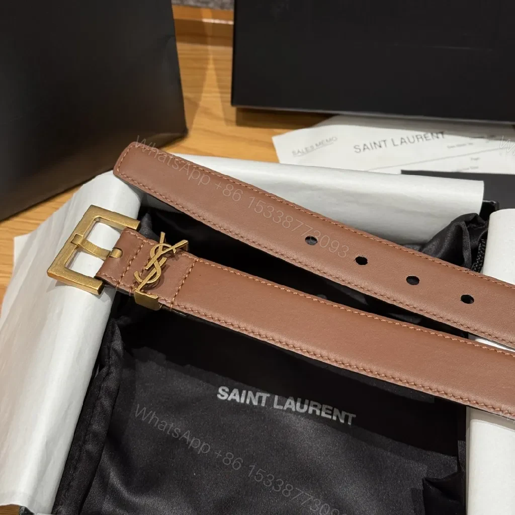 View 6 of Brown Leather Belt with Gold Logo Buckle—Versatile Luxury Accessory