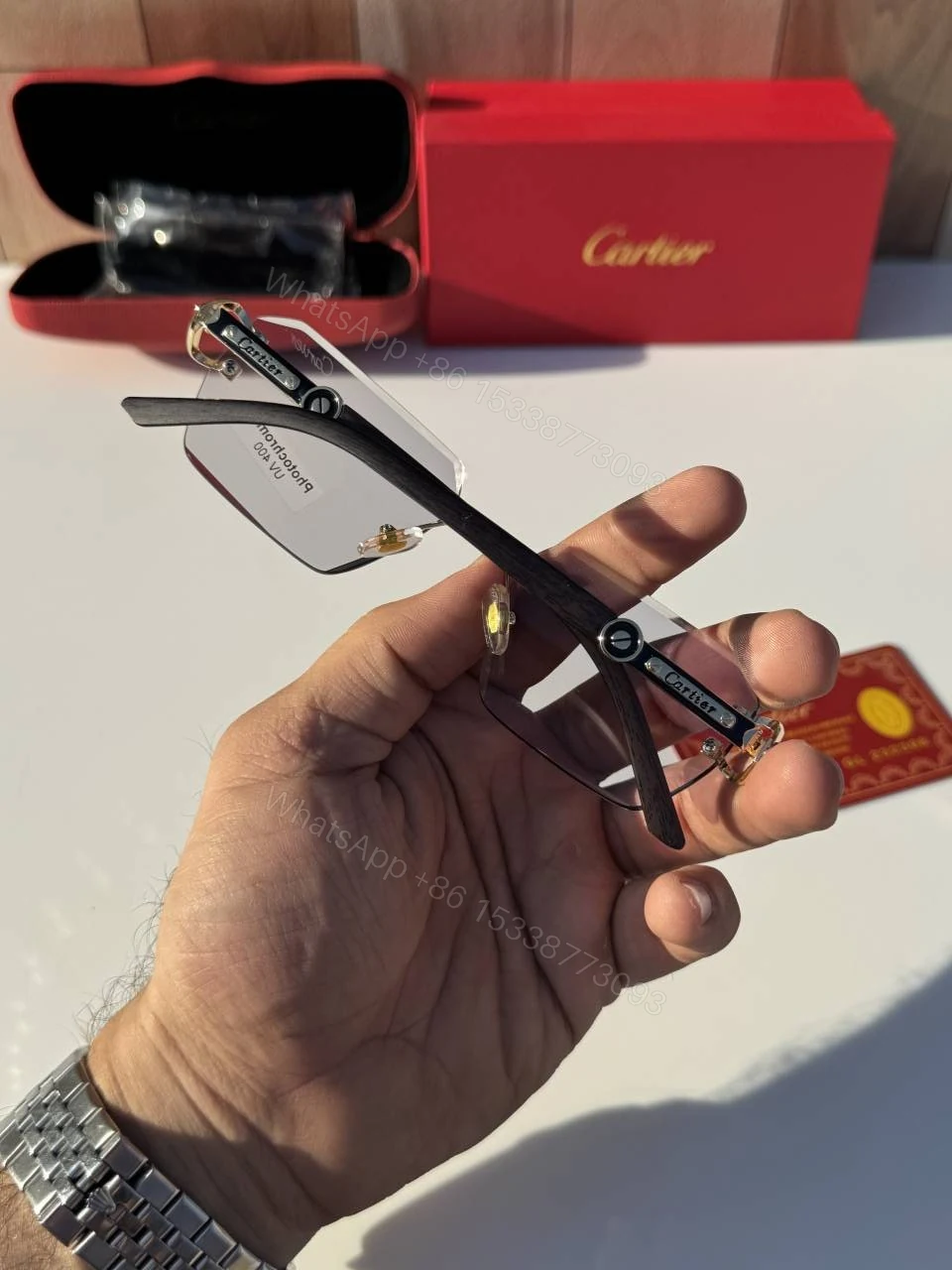 View 4 of First Copy Cartier Rimless Silver Square Sunglasses Unisex UV Protection Day Night