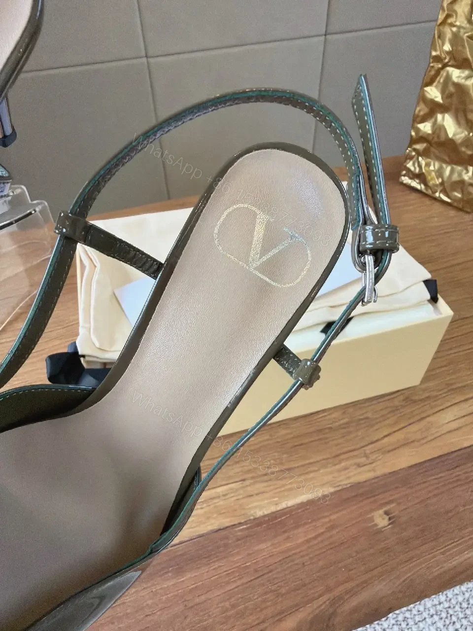 View 4 of Gray Patent Slingback Heels with Buckle Detail, Stiletto, 2.5"