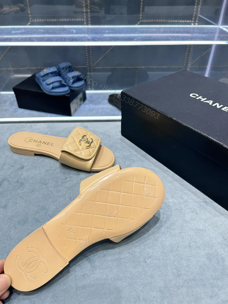 View 6 of Beige Quilted Leather Slide Sandals with Logo Detailing