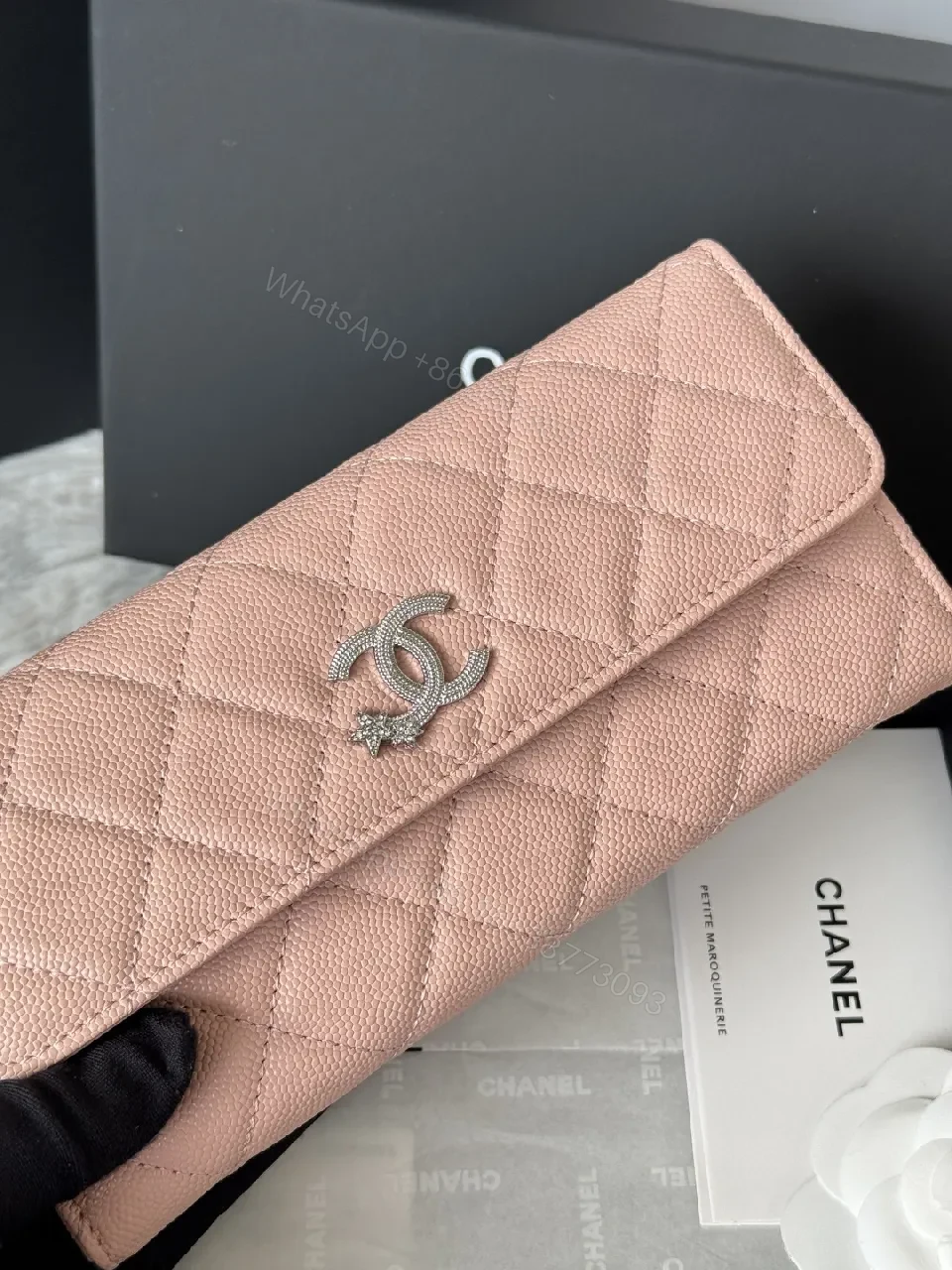 View 10 of Soft Pink Quilted Wallet with Silver Emblem - Compact Luxury Wallet