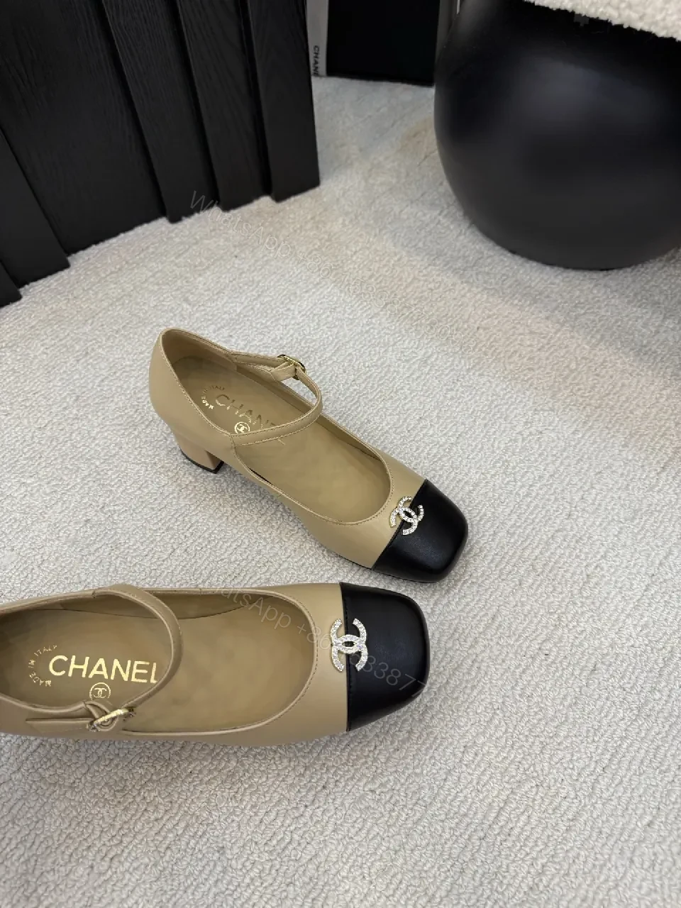 View 8 of Two-Tone Leather Midi Heel Pumps with Cap Toe Shine
