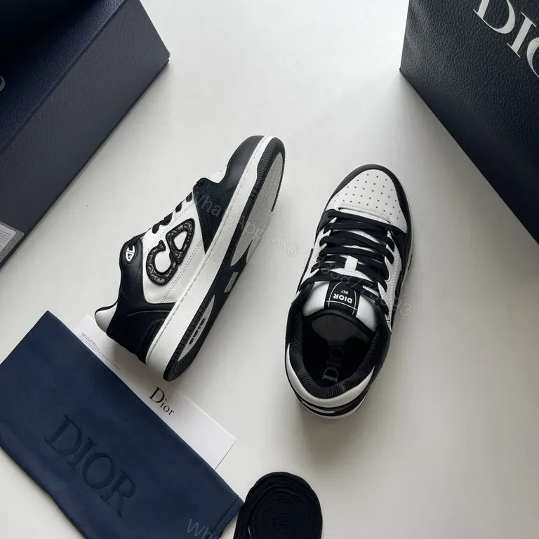 View 7 of Bold Contrast Leather Sneakers - Dior-Detail Black & White High-Impact Shoes