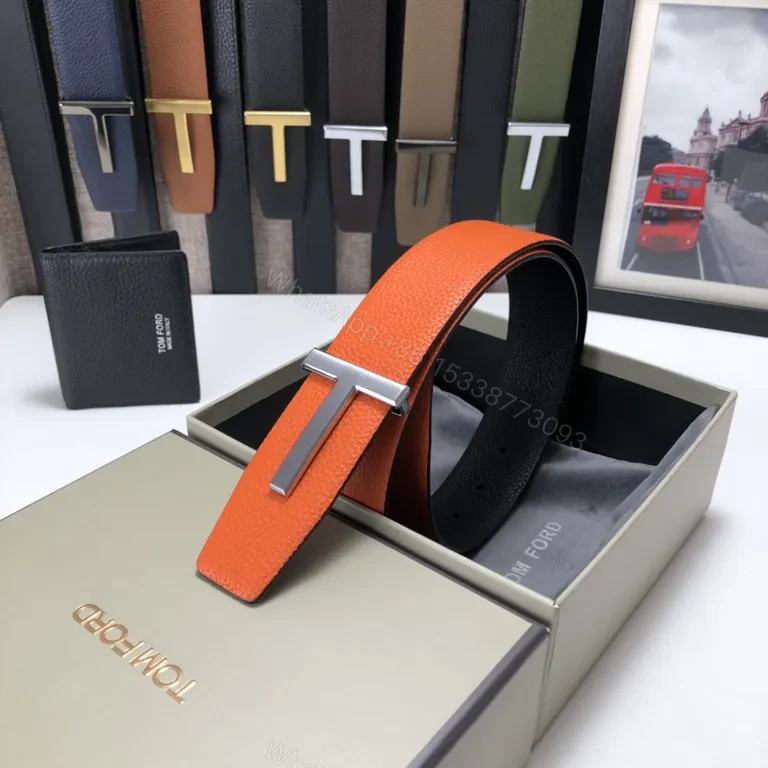 View 7 of Tom Ford Orange Leather Belt with Gold-T Buckle - Luxury Signature Gift