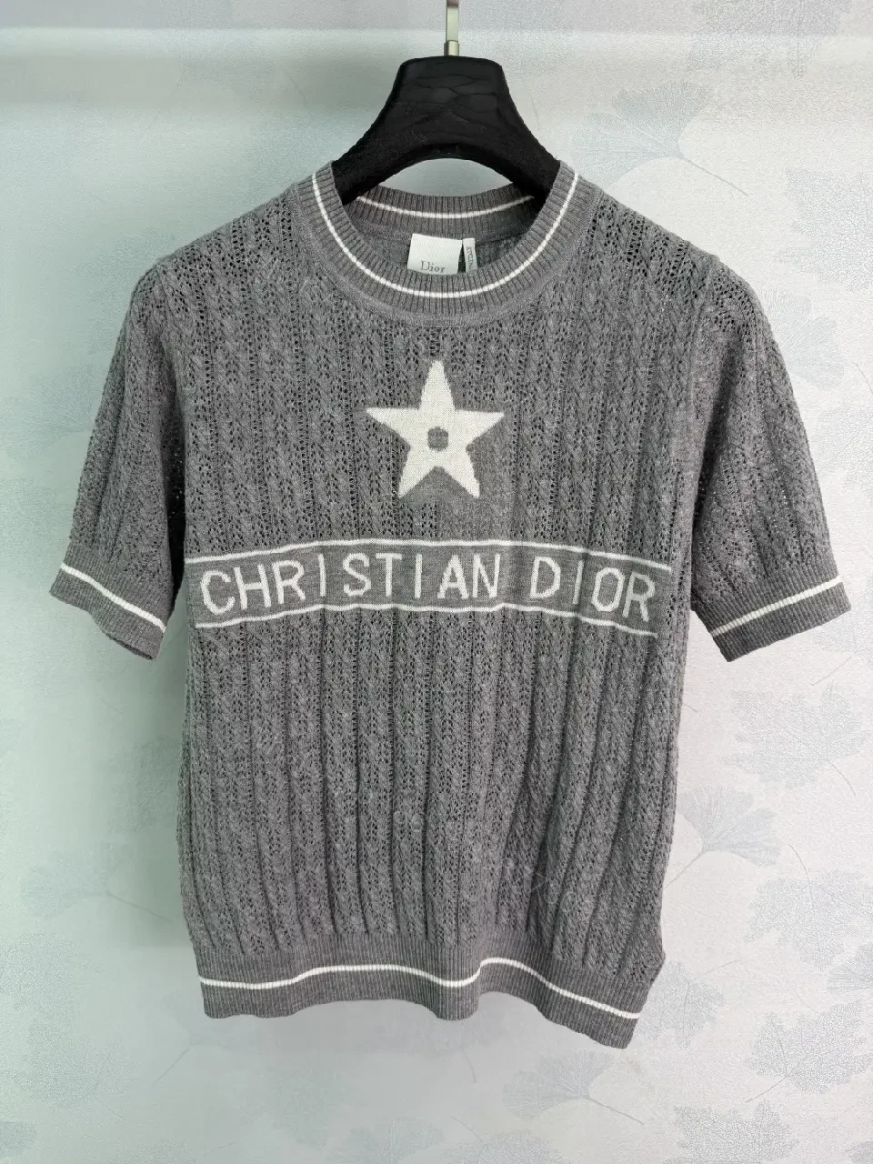 View 7 of White/Gray/Black Knit Short-Sleeve with Star Logo, Cable Knit, Dior Banner