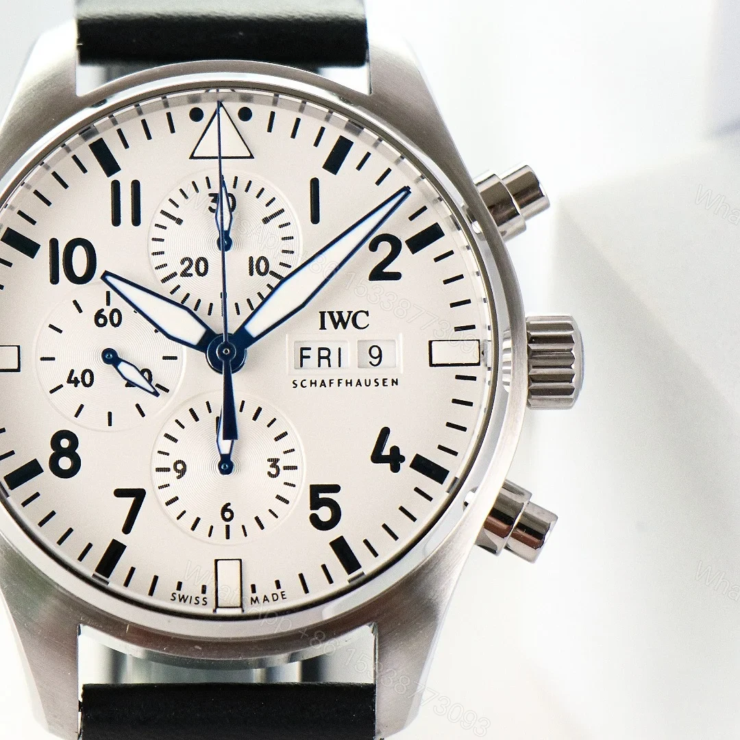 View 3 of IWC Pilot Chronograph White Replica 43MM Premium Steel Case Black Leather Strap Edition IWC-PILOT-CHR-WHT43-LTH