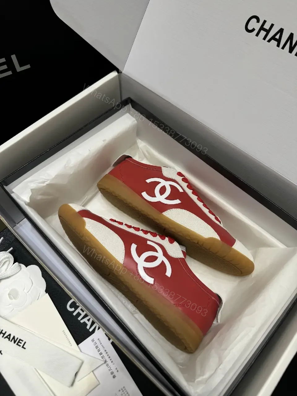 View 2 of Bold Red & White Chanel-Inspired Sneaker Couture (Luxury Low-Top)