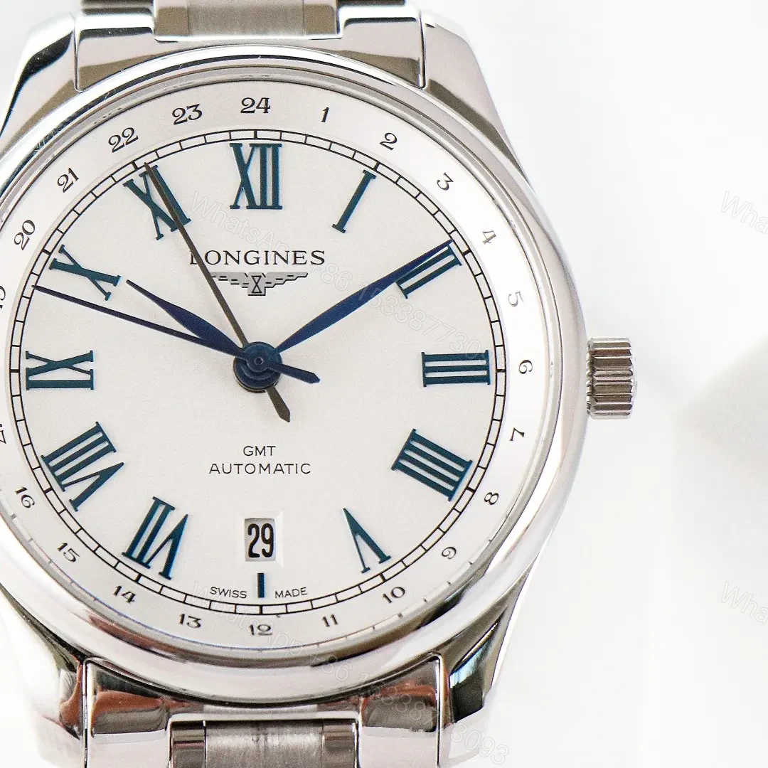 View 6 of Longines Master Collection Classic Re Edition GMT Watch White Dial Stainless Steel Bracelet 40mm Case Sapphire Crystal Italian Leather Strap Option