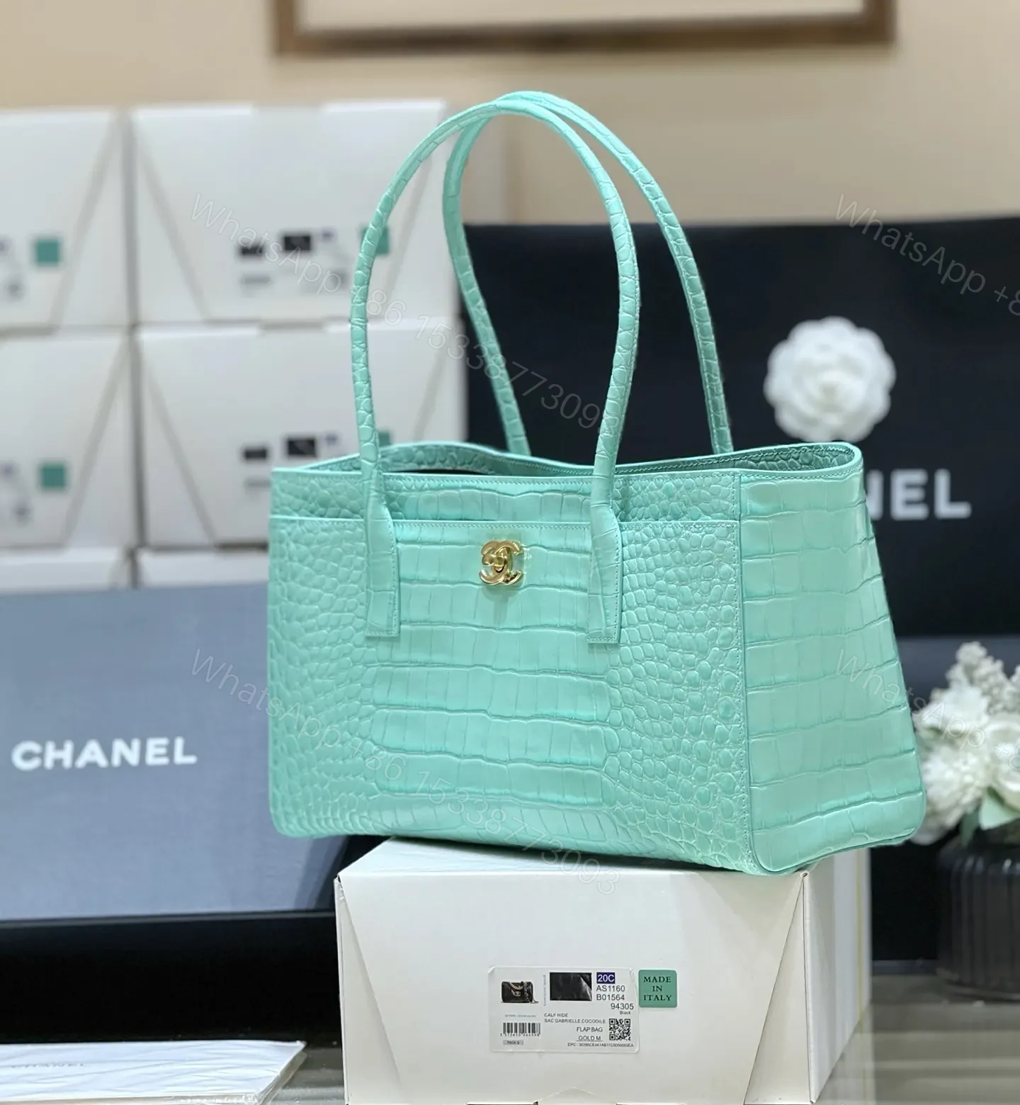 View 2 of Chanel Tote Mint Green Crocodile Embossed Calfskin Gold Hardware SS26 collection