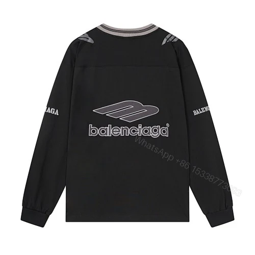 View 9 of Balenciaga Clothes 3B Silhouette Ribbed V-Neck Embroidered & Printed Long-Sleeve T-Shirt Black/Blue