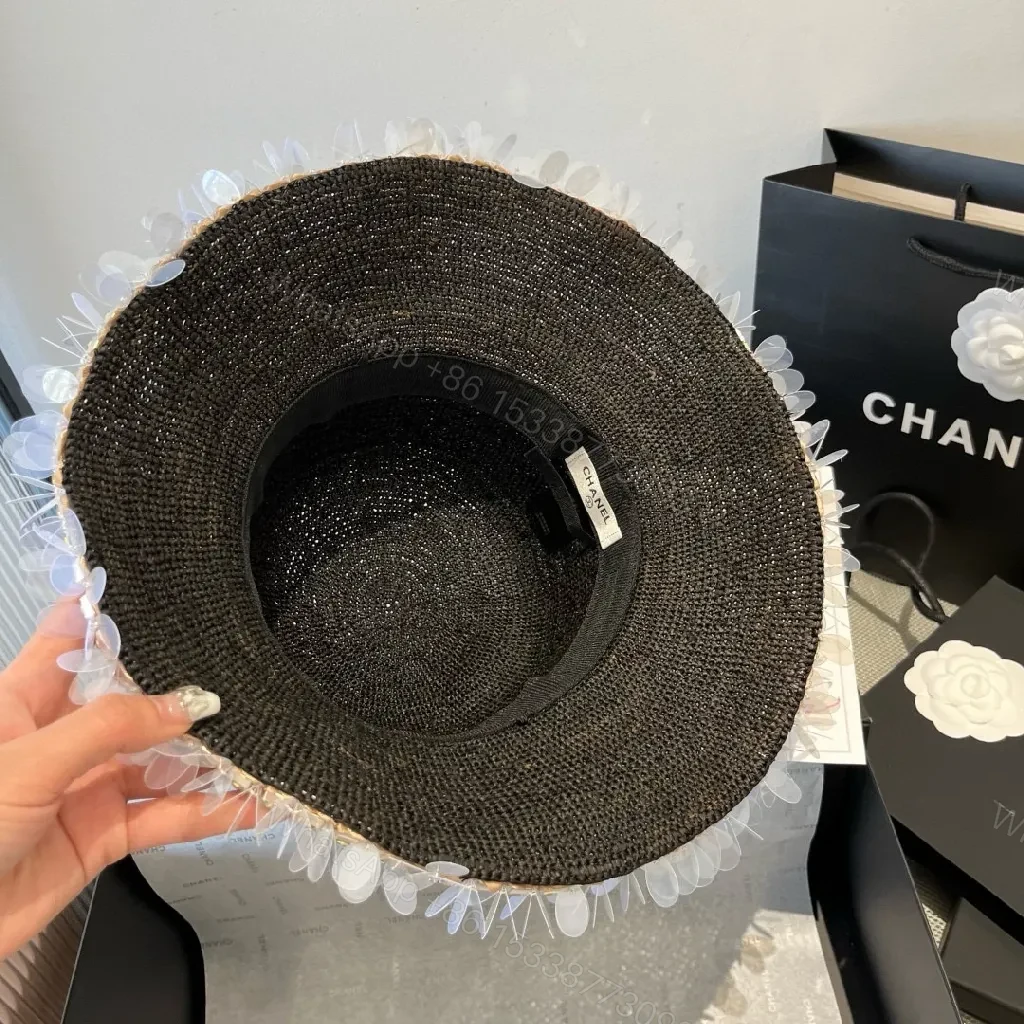 View 5 of Black Straw Hat with Pearl Logo and Crystal Trim