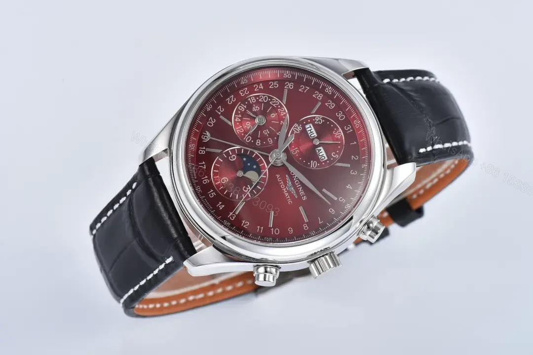 View 2 of Longines Master Collection Moonphase Chronograph Watch Red Dial Stainless Steel Case Black Leather Strap 42mm