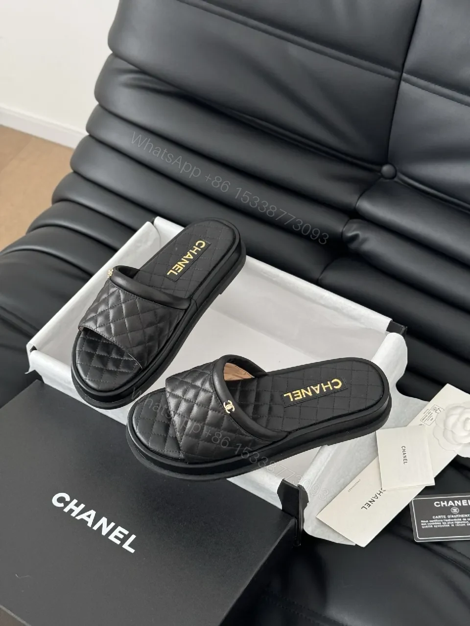 View 9 of Quilted Black Leather Slip-Ons with Gold Hardware – Ultra-Luxe Comfort