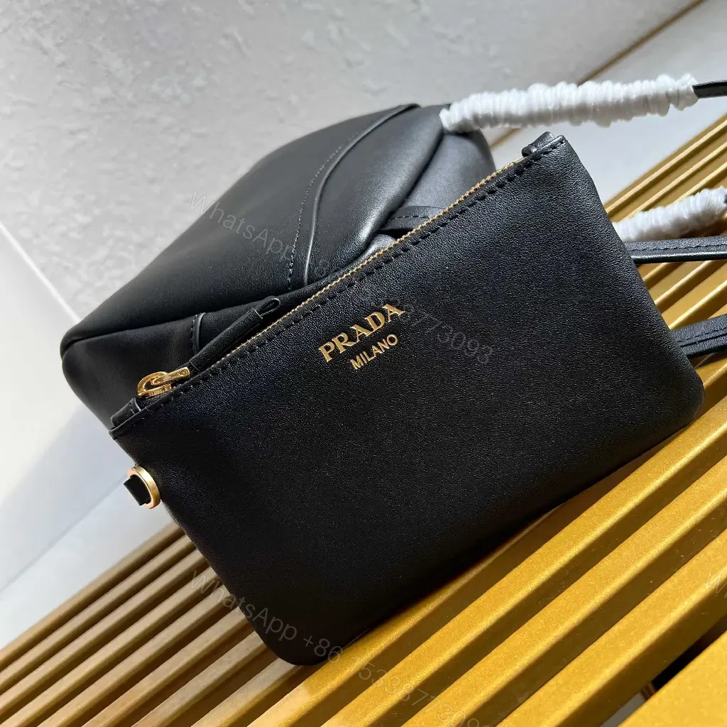 View 10 of Black Leather Structured Handbag with Gold Zipper Pouch - Prada Milano Style
