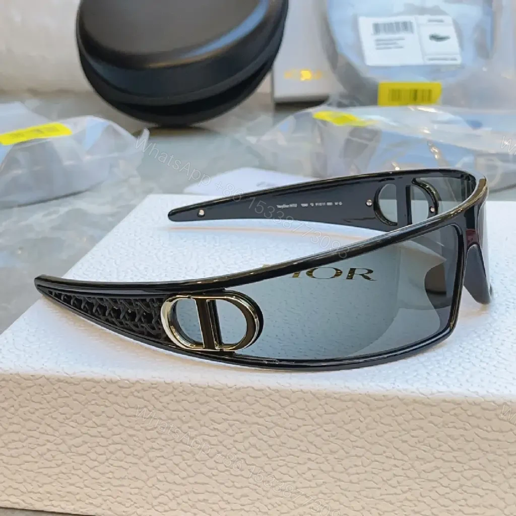 View 5 of Black Frame Sunglasses: Futuristic Wraparound, Dior Gold Logo Lenses