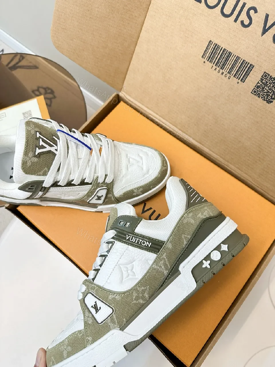 View 2 of White & Olive Luxury Sneakers: Modern Texture, Subtle LV-Inspired Details