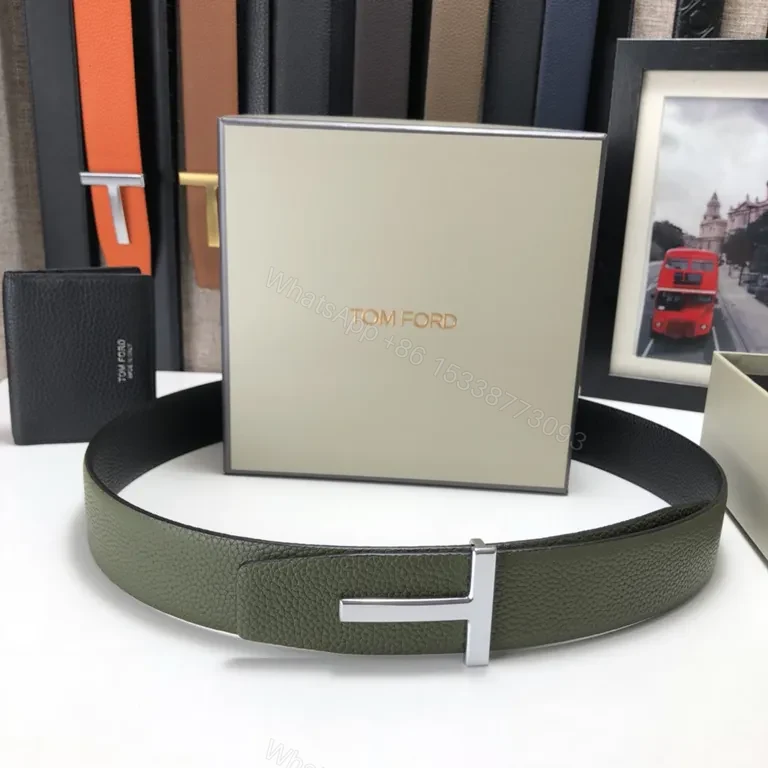 View 8 of Olive Pebbled Leather Belt â€” Bold Gold Buckle, Tom Ford