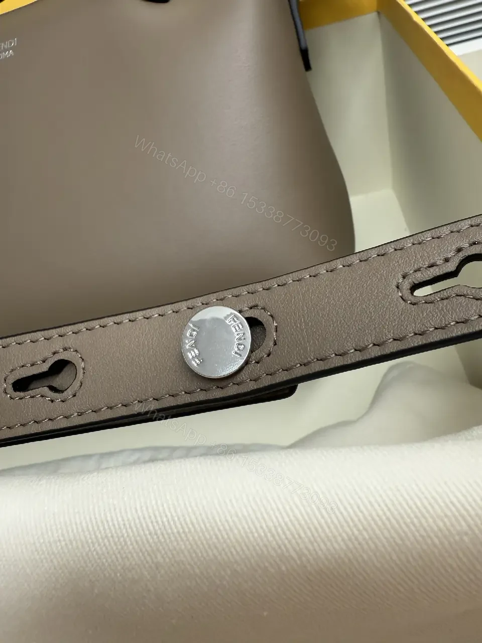 View 2 of Taupe-Gray Leather Handbag: Structured, Fendi Roma Logo Details