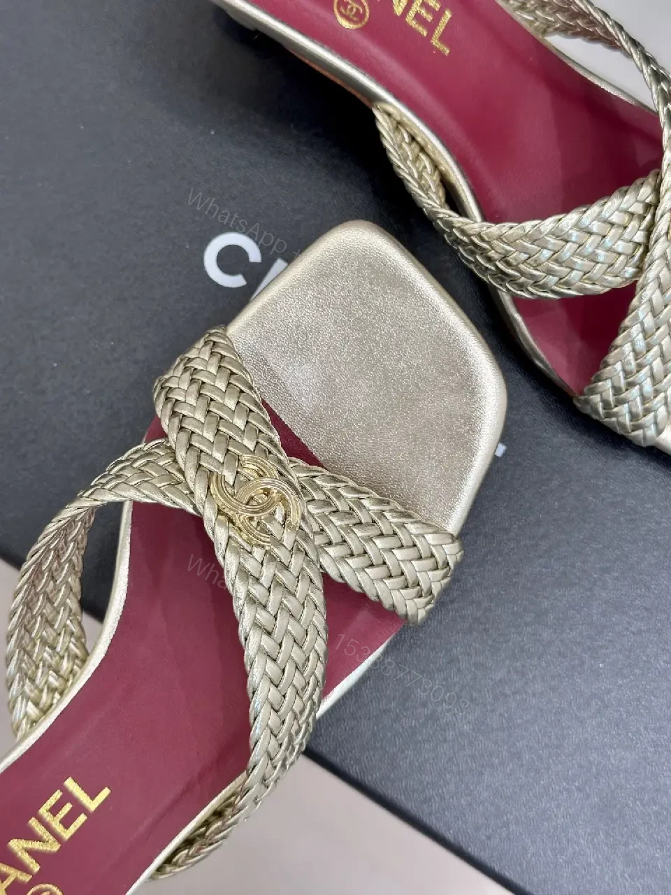 View 9 of Pink Red Metallic Sandal Signature Twist Chanel Shoes