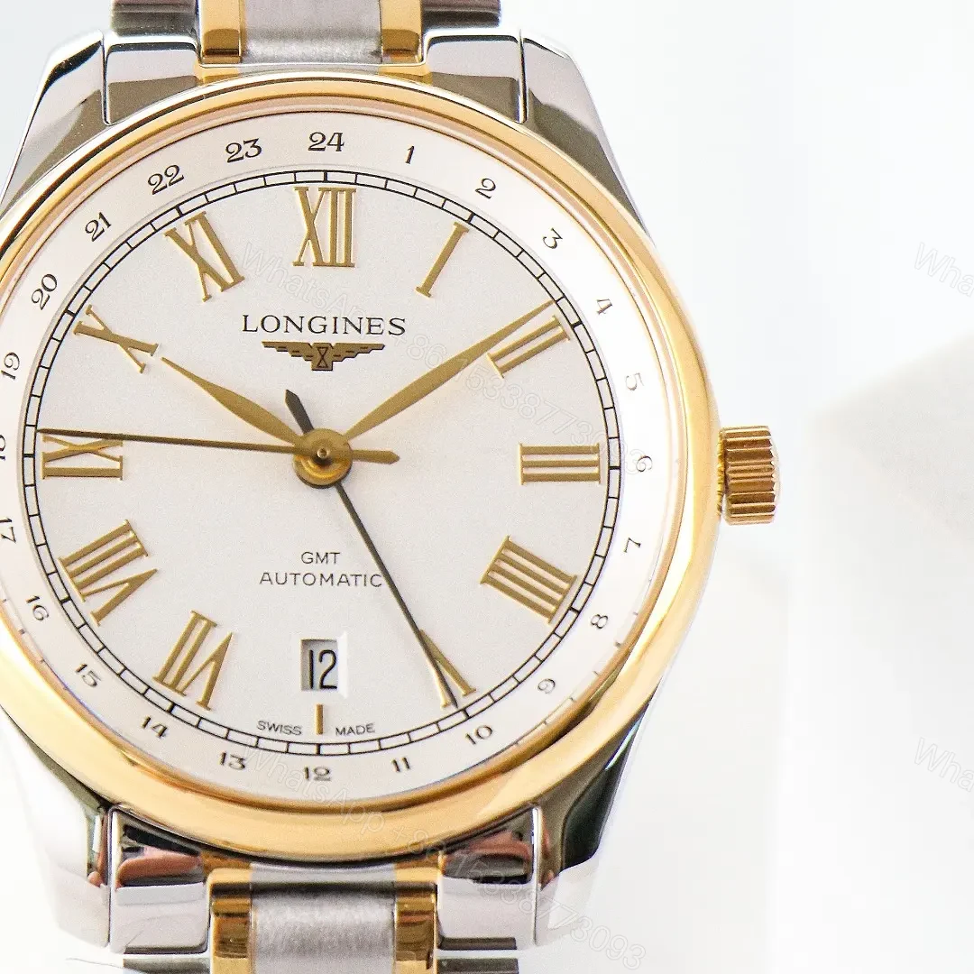 View 6 of Longines Master Classic Re Edition GMT Two Time Zone Watch White Dial Two Tone Stainless Steel and Rose Gold Bracelet 40mm Case Italian Grey Leather Strap Option
