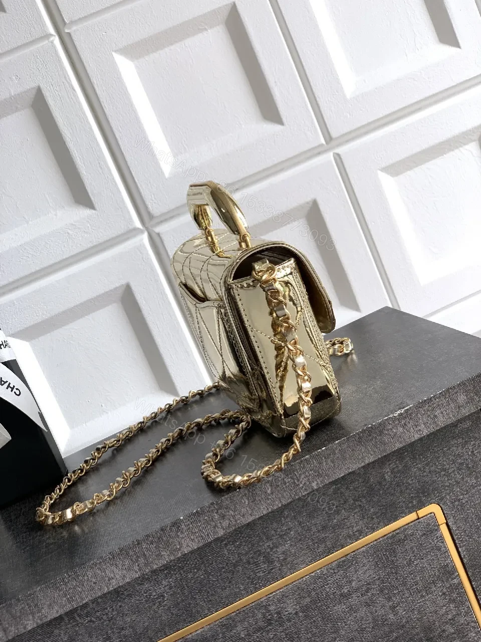 View 9 of Gold Quilted Satiny Mini Bag: Luxe Glam Carryall