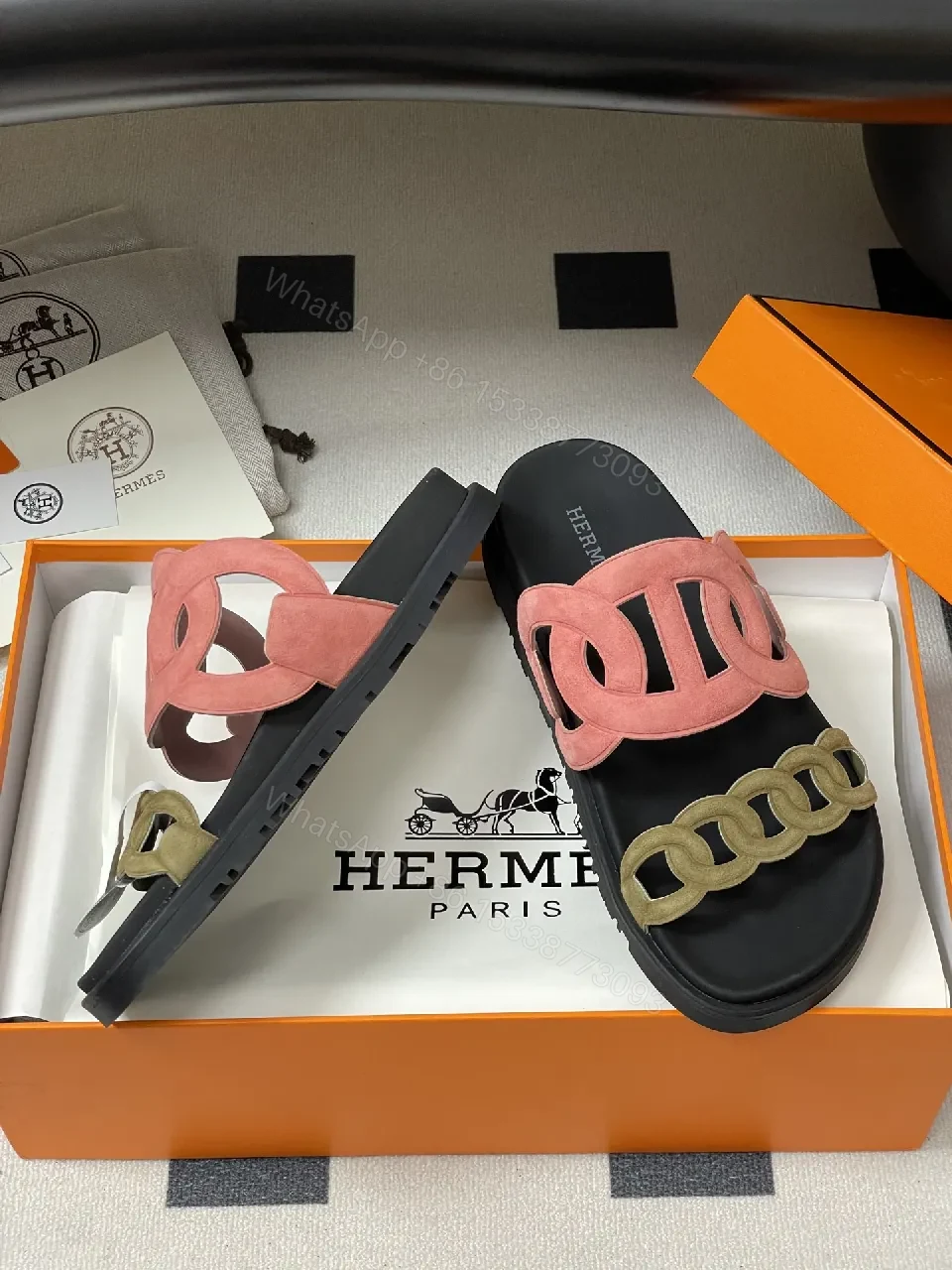 Soft-Statement Sandals with Chain Straps: Pink & Beige Suede Style — view 1