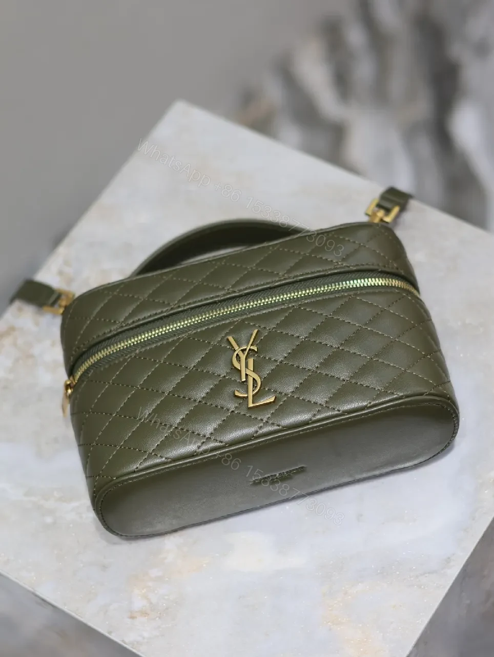 View 6 of Compact Olive Quilted Crossbody with Gold Hardware