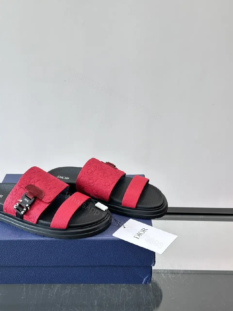 View 10 of Red Suede Leather Style Buckle Accent Dior Slides