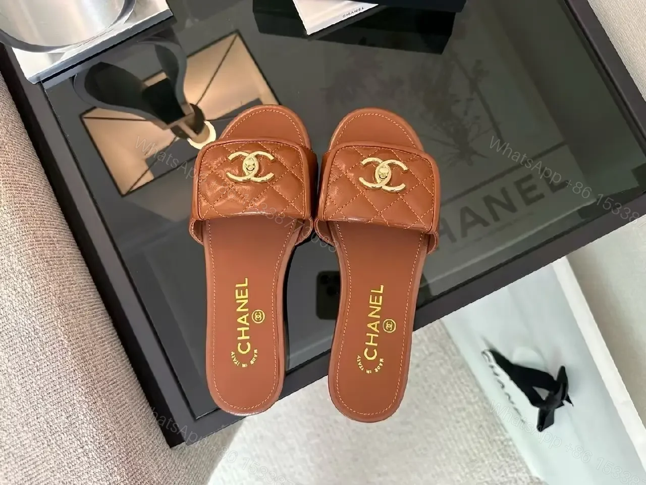 View 7 of Quilted Leather Slides with Gold Hardware, Luxury Casual Glide