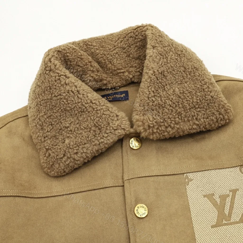 View 3 of Brown Suede Jacket with Shearling Collar & Monogram Panels - Luxe Streetwear Jacket