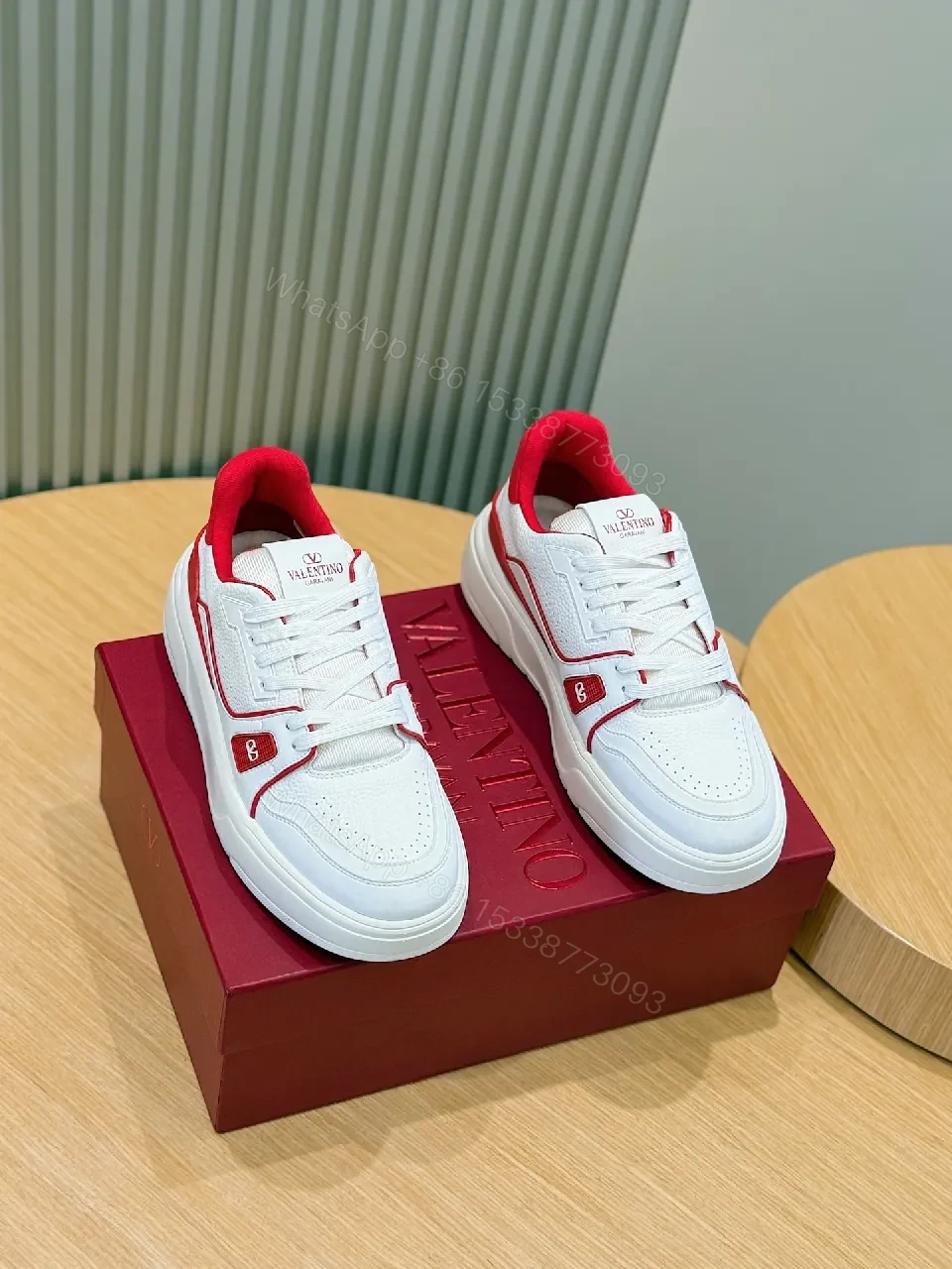 View 4 of White Leather Platform Sneakers with Red Piping, Casual Luxe Style, All-Day Comfort