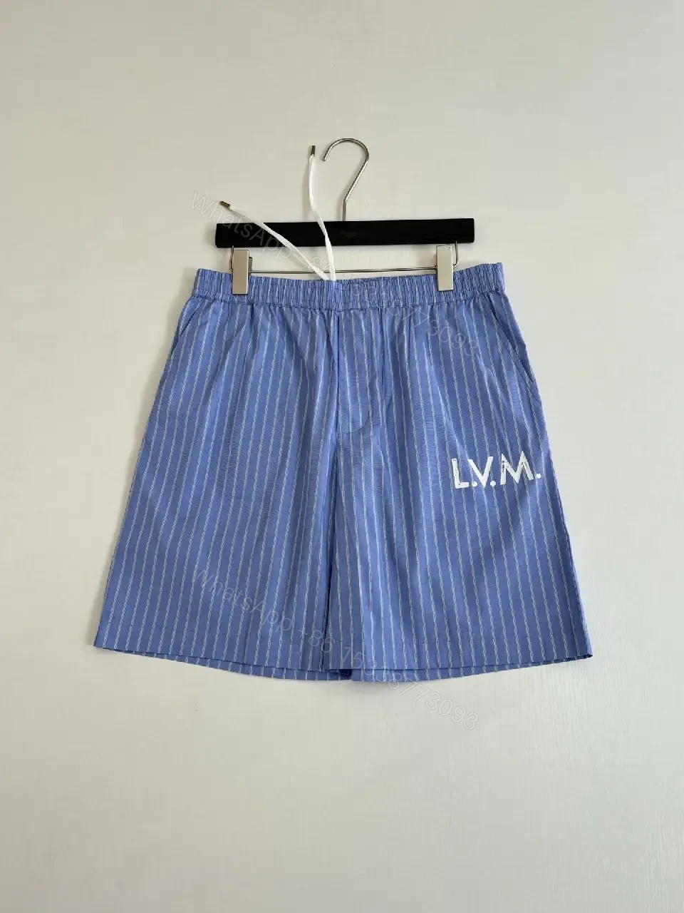 View 14 of Blue Striped Lightweight Drawstring Shorts - Subtle Embossed Logo Luxury