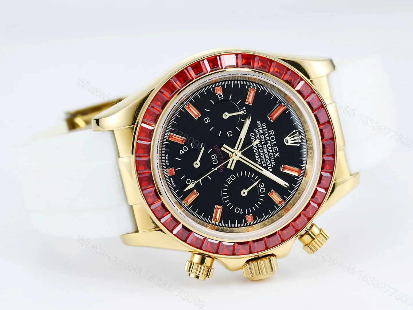 View 3 of Rolex Daytona Ruby Replica 43MM Exclusive Gold Case White Rubber Strap Edition RG-ROLEX-DAYTONA-RUBY-43
