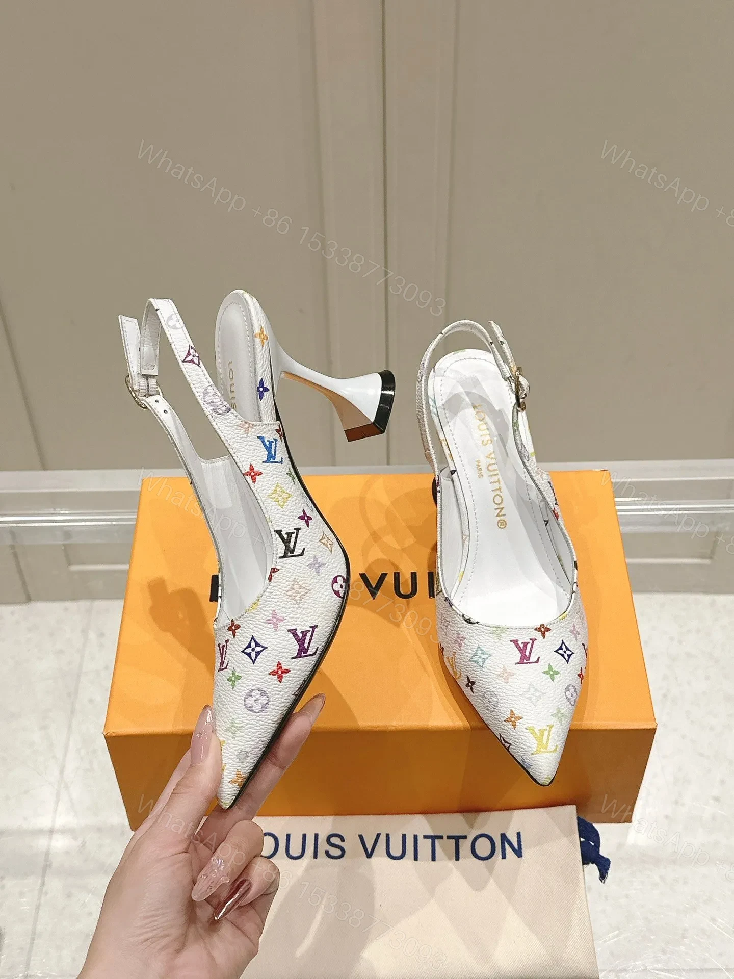 View 4 of LV Women White Leather Multicolor Logo Heels