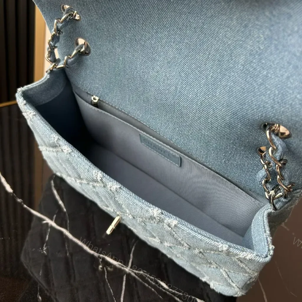 View 6 of Light-Blue Denim Flap Bag with Chain Strap, Quilted, Everyday Luxe