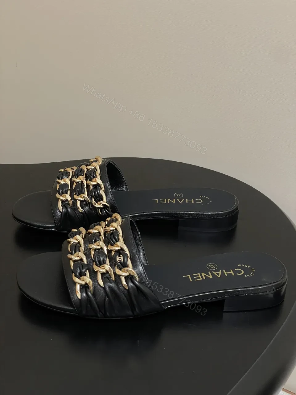 View 6 of Black Leather Slide with Gold Chain Detail – Luxury Everyday Comfort