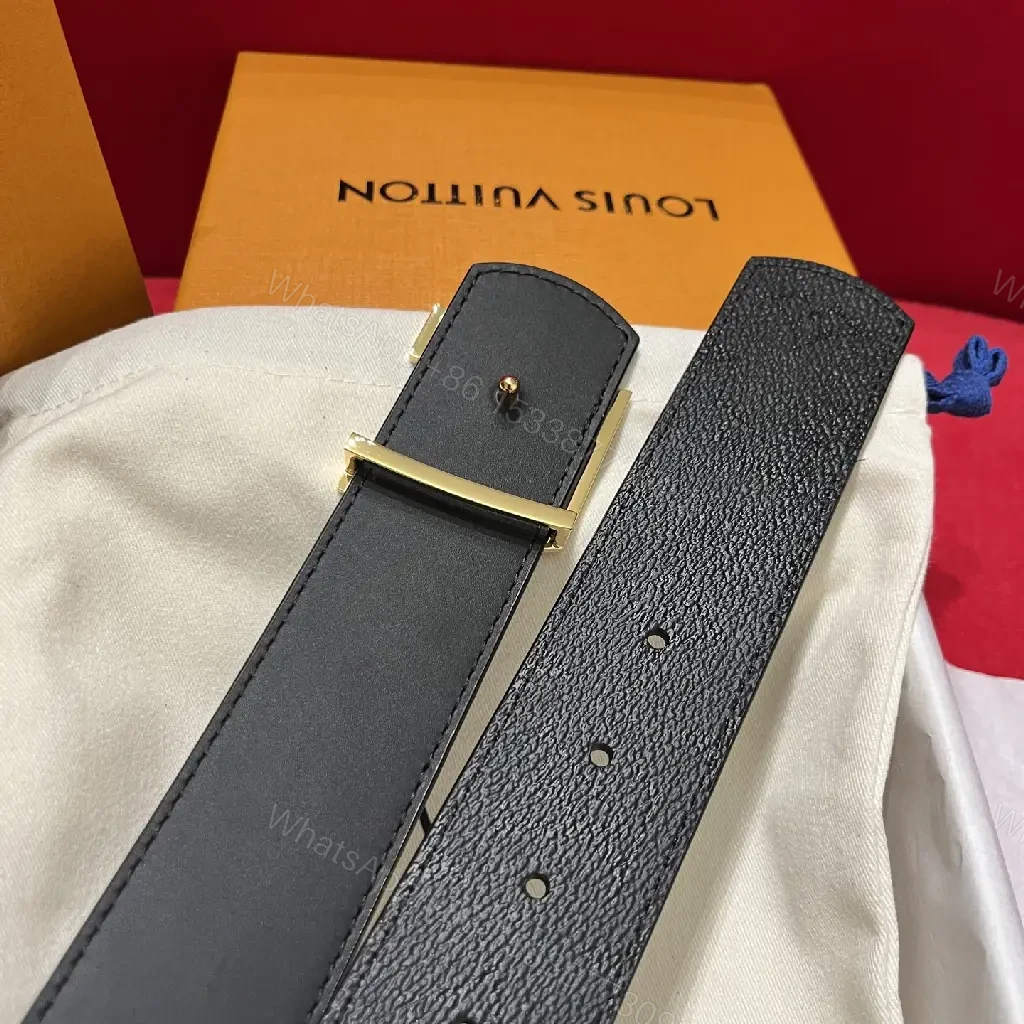 View 4 of Black Leather Belt Classic Luxury with Gold LV Buckle