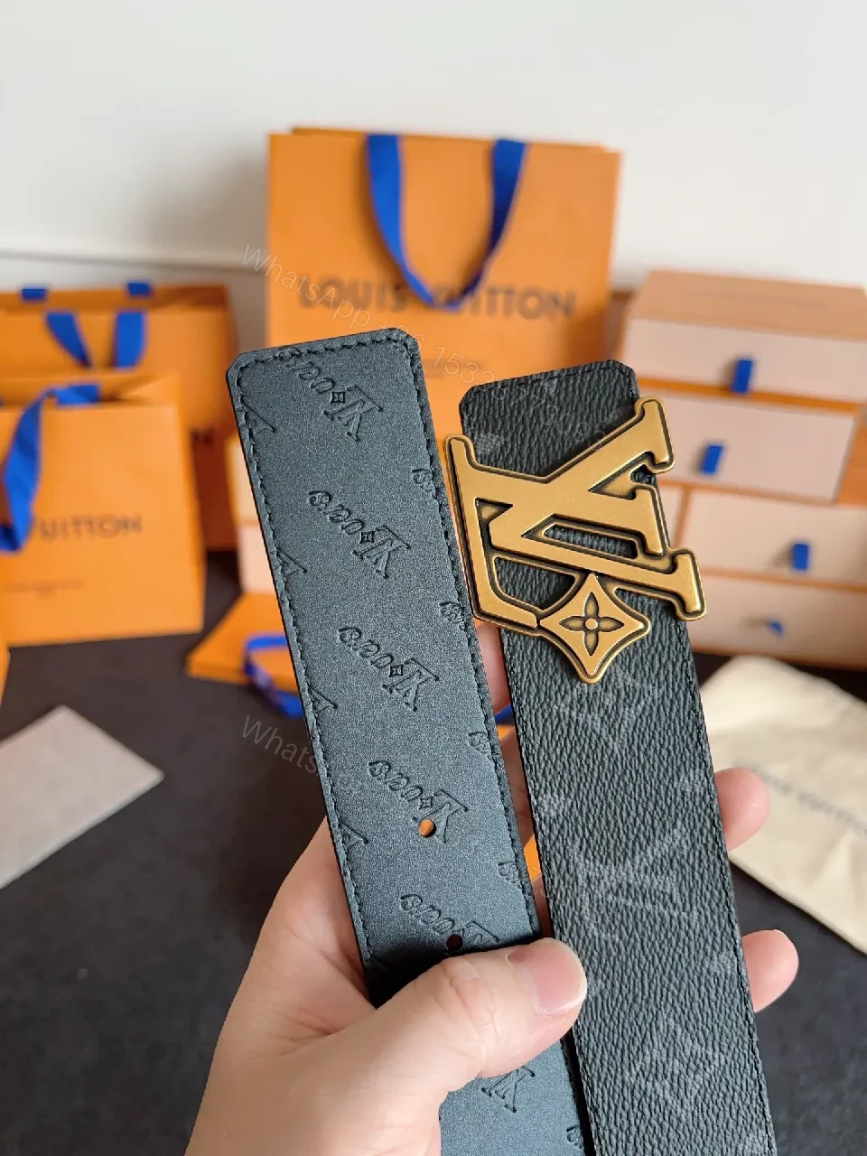 View 3 of Navy Leather Belt + Oversized Gold Buckle + Modern Luxury + Everyday Versatility Belt