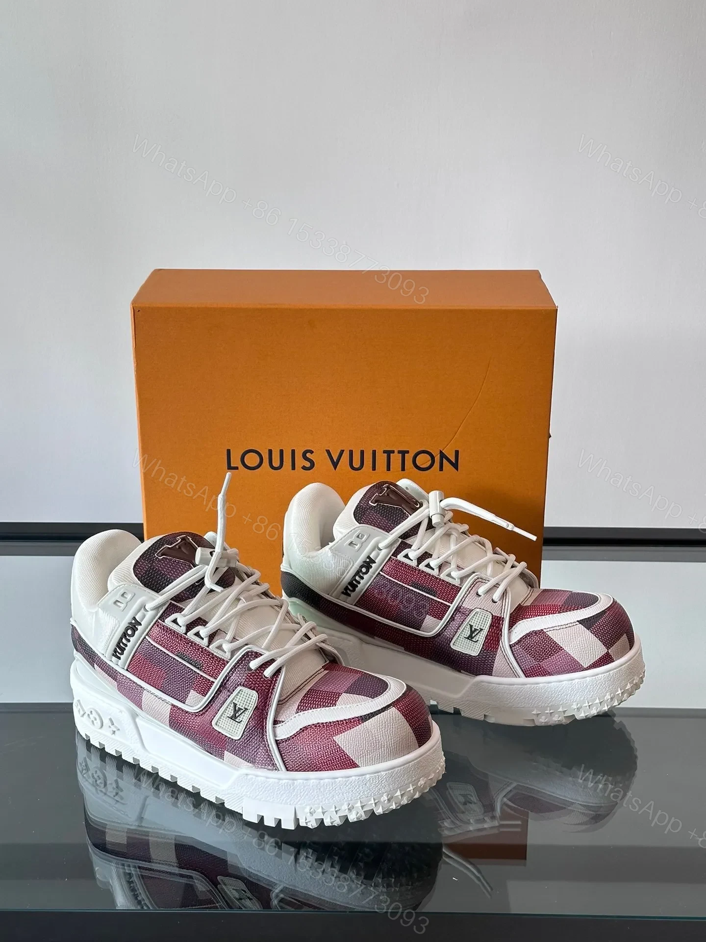 View 5 of LV Men Burgundy Canvas White Leather Sneakers