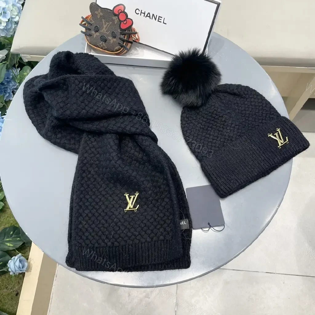 View 7 of Textured Knit Beanie & Scarf Set - Black, Gold Accent