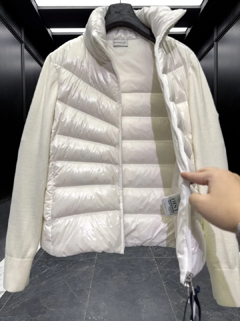 View 9 of Lightweight Off-White Puffer Jacket with Knit Sleeves Fusion