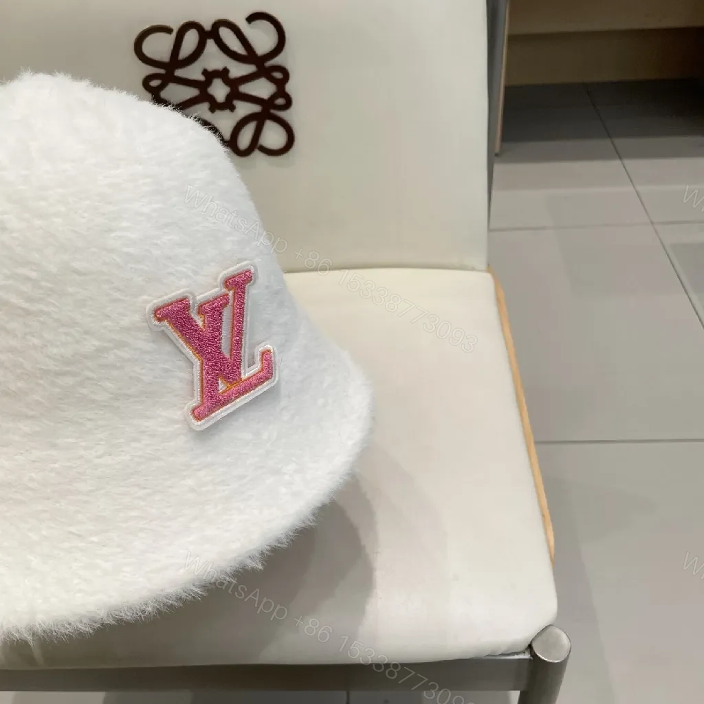 View 7 of White Fuzzy Bucket Hat - Pink Monogram Designer-Inspired Logo
