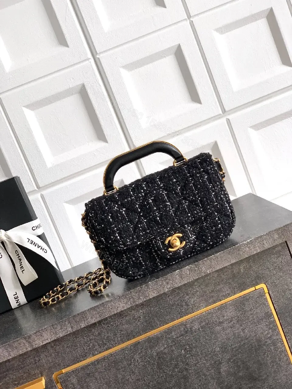 Tweed Handbag: Compact Luxury with Gold Logo Clasp — view 1